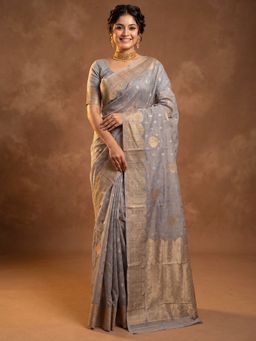 Sareemall - Women's Grey Woven Design Saree with Unstitched Blouse