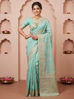 Sareemall - Women's Light Blue Woven Design Saree with Unstitched Blouse