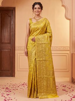 Sareemall - Women's Yellow Woven Design Saree with Unstitched Blouse