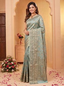 Sareemall - Women's Light Blue Woven Design Saree with Unstitched Blouse