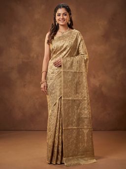 Sareemall - Women's Beige Woven Design Saree with Unstitched Blouse