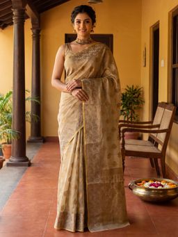 Akhilam - Women's Cream Woven Design Saree with Unstitched Blouse