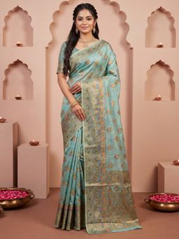 Sareemall - Women's Light Blue Woven Design Saree with Unstitched Blouse