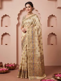 Sareemall - Women's Cream Woven Design Saree with Unstitched Blouse