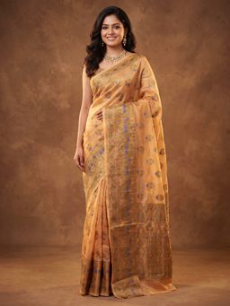 Sareemall - Women's Orange Woven Design Saree with Unstitched Blouse