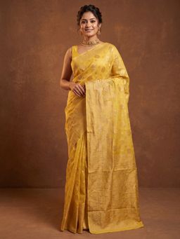 Akhilam - Women's Yellow Woven Design Saree with Unstitched Blouse