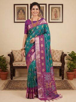 Akhilam - Women's Teal Blue Woven Design Saree with Unstitched Blouse