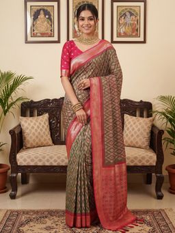 Akhilam - Women's Light Green Woven Design Saree with Unstitched Blouse