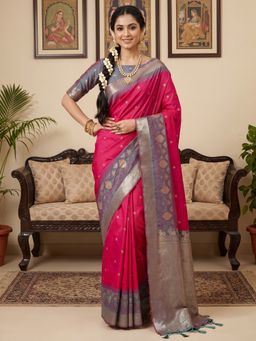 Akhilam - Women's Pink Woven Design Saree with Unstitched Blouse
