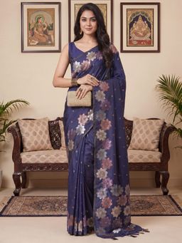 Akhilam - Women's Navy Blue Woven Design Saree with Unstitched Blouse