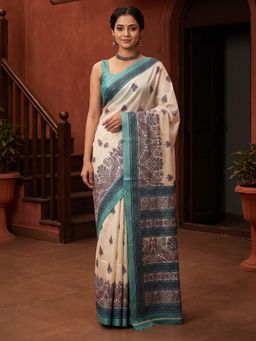 Akhilam - Women's Bhagalpuri Silk Off White Printed Saree with Unstitched Blouse