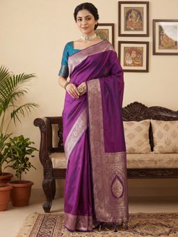 Akhilam - Women's Soft Silk Purple Woven Design Saree with Unstitched Blouse