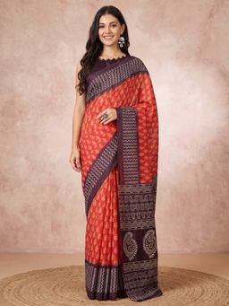 Akhilam - Women's Bhagalpuri Silk Orange Printed Saree with Unstitched Blouse