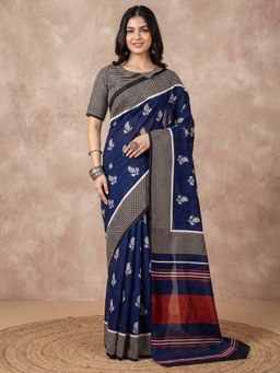Akhilam - Women's Bhagalpuri Silk Blue Printed Saree with Unstitched Blouse