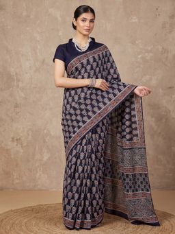 Akhilam - Women's Bhagalpuri Silk Navy Blue Printed Saree with Unstitched Blouse