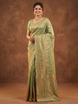 Akhilam - Women's Mint Green Woven Design Saree with Unstitched Blouse