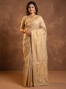 Akhilam - Women's Beige Woven Design Saree with Unstitched Blouse