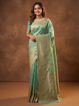 Akhilam - Women's Light Turquoise Woven Design Saree with Unstitched Blouse