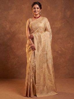 Akhilam - Women's Beige Woven Design Saree with Unstitched Blouse