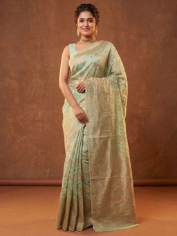 Akhilam - Women's Light Green Woven Design Saree with Unstitched Blouse