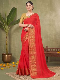 Akhilam - Women's Chiffon Red Woven Design Saree with Unstitched Blouse