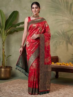 Akhilam - Women's Red Woven Design Saree with Unstitched Blouse