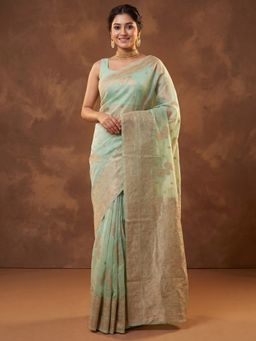 Akhilam - Women's Mint Green Woven Design Saree with Unstitched Blouse