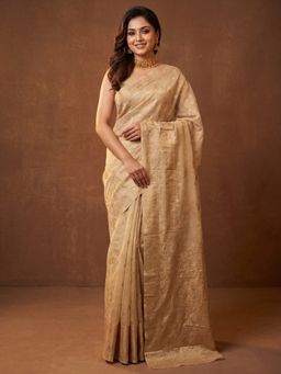 Akhilam - Women's Beige Woven Design Saree with Unstitched Blouse