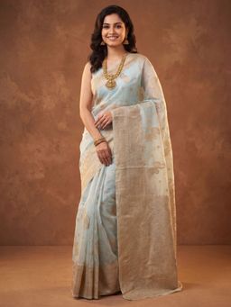 Akhilam - Women's Light Blue Woven Design Saree with Unstitched Blouse