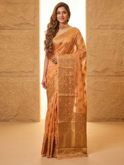 Sareemall - Women's Orange Woven Design Saree with Unstitched Blouse