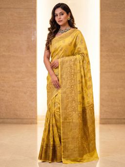 Sareemall - Women's Yellow Woven Design Saree with Unstitched Blouse