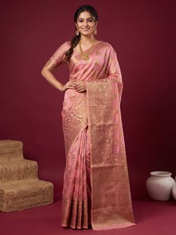 Sareemall - Women's Pink Woven Design Saree with Unstitched Blouse