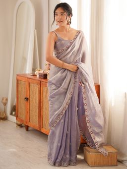 Sareemall - Women's Satin Lavender Zari Embroidered Saree with Unstitched Blouse