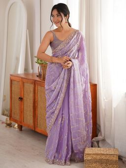 Sareemall - Women's Satin Lavender Embellished Saree with Unstitched Blouse
