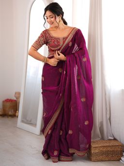 Sareemall - Women's Satin Wine Zari Embroidered Saree with Unstitched Blouse