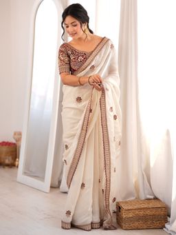 Sareemall - Women's Satin Off White Zari Embroidered Saree with Unstitched Blouse
