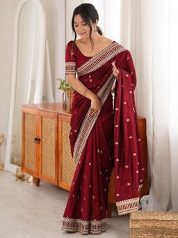 Akhilam - Women's Vichitra Silk Maroon Embroidered Saree with Unstitched Blouse