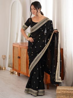 Akhilam - Women's Vichitra Silk Black Embroidered Saree with Unstitched Blouse