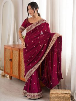 Akhilam - Women's Vichitra Silk Wine Embroidered Saree with Unstitched Blouse