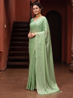 Akhilam - Women's Poly Georgette Light Green Printed Saree with Unstitched Blouse