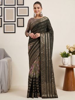 Akhilam - Women's Viscose Silk Green Woven Design Saree with Unstitched Blouse