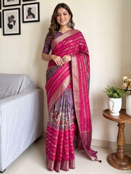 Akhilam - Women's Viscose Silk Pink Woven Design Saree with Unstitched Blouse