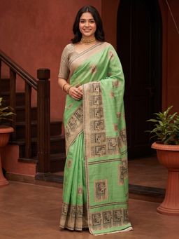 Akhilam - Women's Bhagalpuri Silk Mint Green Printed Saree with Unstitched Blouse