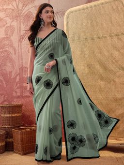 Akhilam - Women's Georgette Mint Green Embellished Saree with Unstitched Blouse