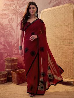Akhilam - Women's Georgette Maroon Embellished Saree with Unstitched Blouse