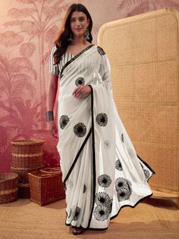 Akhilam - Women's Georgette White Embellished Saree with Unstitched Blouse