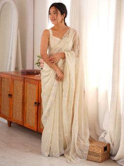 Akhilam - Women's Satin Off White Embellished Saree with Unstitched Blouse
