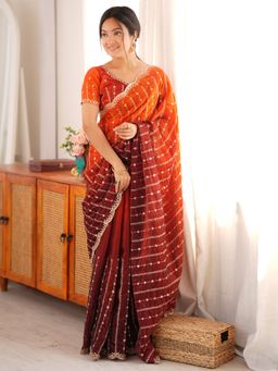Akhilam - Women's Satin Orange Embellished Saree with Unstitched Blouse
