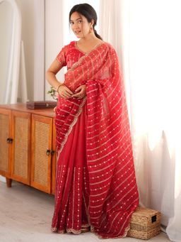 Akhilam - Women's Satin Red Embellished Saree with Unstitched Blouse