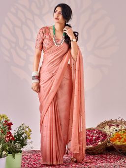 Sareemall - Women's Chiffon Peach Embellished Saree with Unstitched Blouse